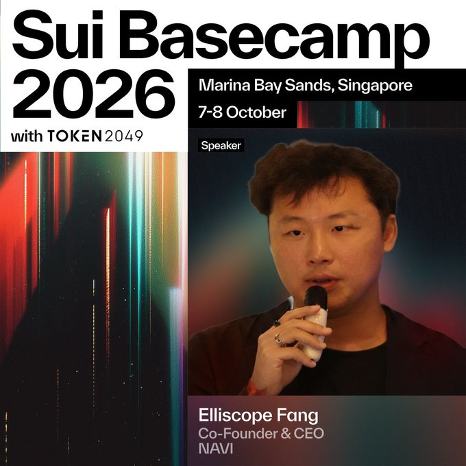 A promotional graphic for 'Sui Basecamp 2026' at Marina Bay Sands, Singapore on October 7-8, featuring speaker Elliscope Fang, Co-Founder & CEO of NAVI.