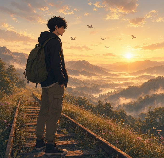 An anime-style illustration shows a young man with a backpack standing on railroad tracks, looking out over a misty mountain valley at sunrise or sunset.