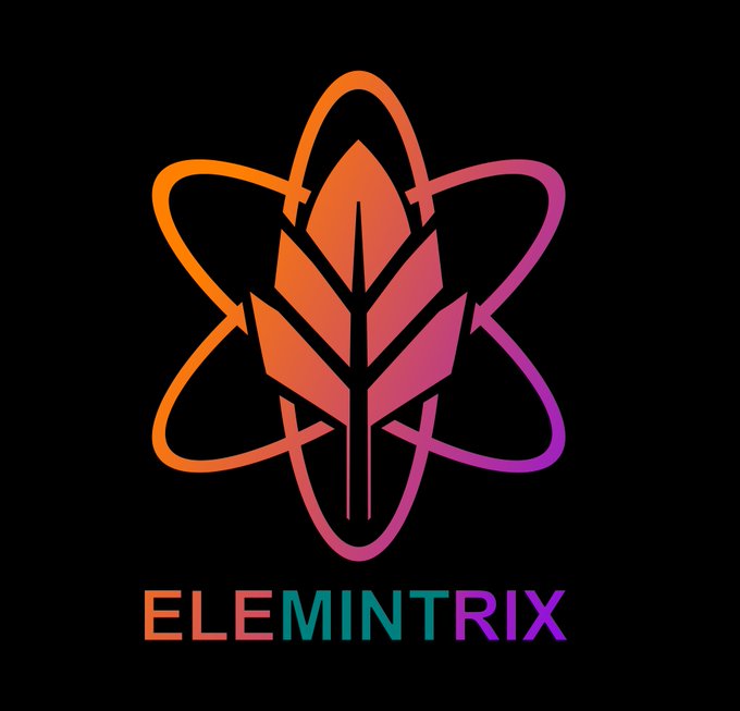 A logo on a black background featuring an orange-to-pink gradient leaf design surrounded by atom-like rings, with the text 'ELEMINTRIX' below it in a matching gradient.