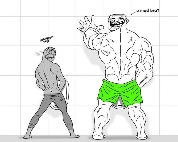 A black and white meme drawing showing a small scared figure facing a massively muscular trollface character in green shorts asking 'u mad bro?', a reference to the Doomer vs Chad meme.