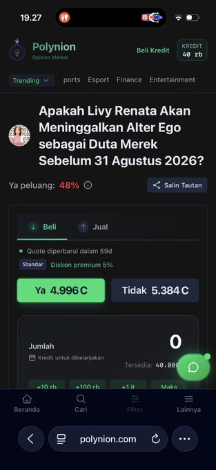 A screenshot of the Polynion Opinion Market app displays a prediction market asking "Apakah Livy Renata Akan Meninggalkan Alter Ego sebagai Duta Merek Sebelum 31 Agustus 2026?" (Will Livy Renata leave Alter Ego as Brand Ambassador before August 31, 2026?) with the "Ya" (Yes) option priced at 4.996 C and "Tidak" (No) at 5.384 C. This illustrates the post's point about prediction markets remaining a hot trend for short-term gains while traditional markets stay in a bear phase.