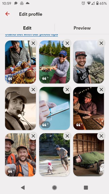 Screenshot of an 'Edit profile' page on a mobile app showing a 3x3 grid of personal photos featuring a man in various outdoor and social settings with quote icons.