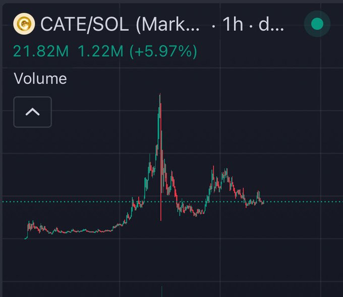 A candlestick chart for CATE/SOL on a 1-hour timeframe shows a market cap of 21.82M, with the price up +5.97% (1.22M) after a sharp spike and volatile pullback. The post's dilemma about adding more or holding since 5M aligns with the chart's pattern of an early low base, a steep pump to ~21M, followed by choppy consolidation near recent lows.