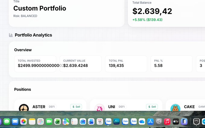 A desktop view of a portfolio tracker showing a 'Custom Portfolio' with a total balance of $2,639.42 (+5.58% / $139.43), a total invested of $2499.99, and a current value of $2,639.4248.