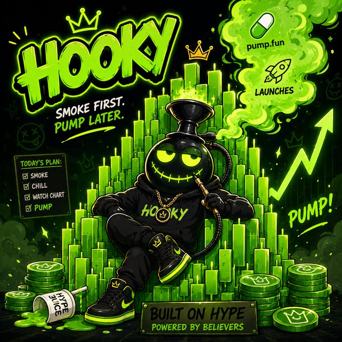 The image features a cartoon character, likely a person or an animal, sitting among stacks of green candles. The character appears to be smoking something out of a pipe while surrounded by these candles. The background of the image is black with various symbols and text related to the concept of "HOOKY", which seems to be a social media platform or a brand name for a product or service.