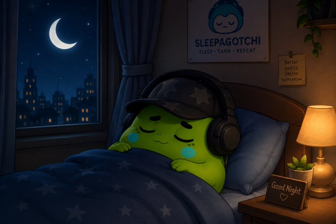 A cozy digital illustration of a green 'Sleepagotchi' character wearing a star cap and headphones, sleeping in bed with a 'SLEEP • EARN • REPEAT' poster on the wall and a 'Good Night' sign on the nightstand.