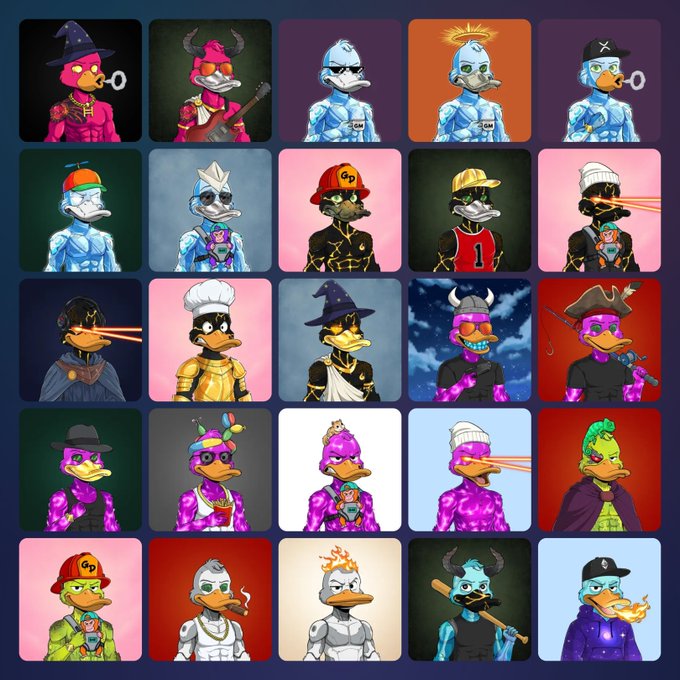 A grid of 25 NFT-style digital art illustrations featuring anthropomorphic duck characters in various costumes and personas including wizards, bikers, chefs, and warriors with laser eyes.
