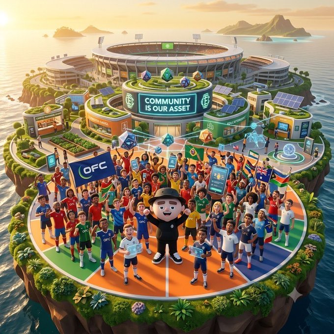 A vibrant, stylized 3D illustration of a floating island stadium labeled 'COMMUNITY IS OUR ASSET' and 'OFC', filled with a diverse group of cartoon characters in sports uniforms holding flags and phones.