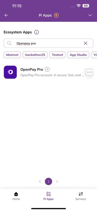 Screenshot of the Pi Apps marketplace on the Pi Network app showing "OpenPay Pro" listed as an app, with the caption confirming its new official listing on Pi App Studio.