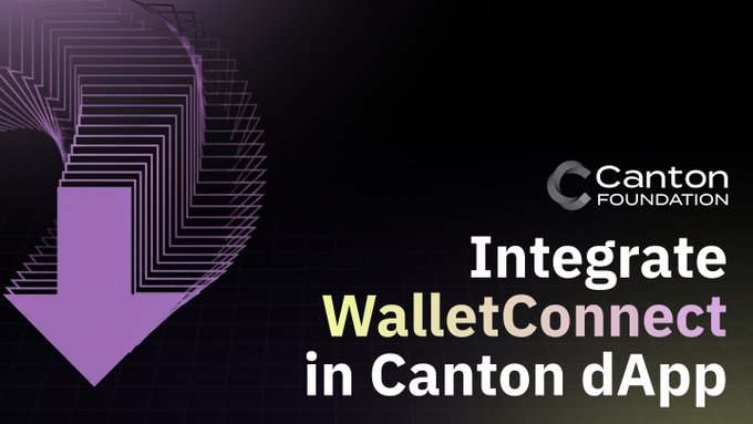 The image shows a purple arrow pointing downwards, with the text "Integrate WalletConnect" written below it. The arrow is positioned at the top left corner of the image. Below this, there's a description of integrating wallet connections using the WalletConnect protocol in Canton DAPP format.