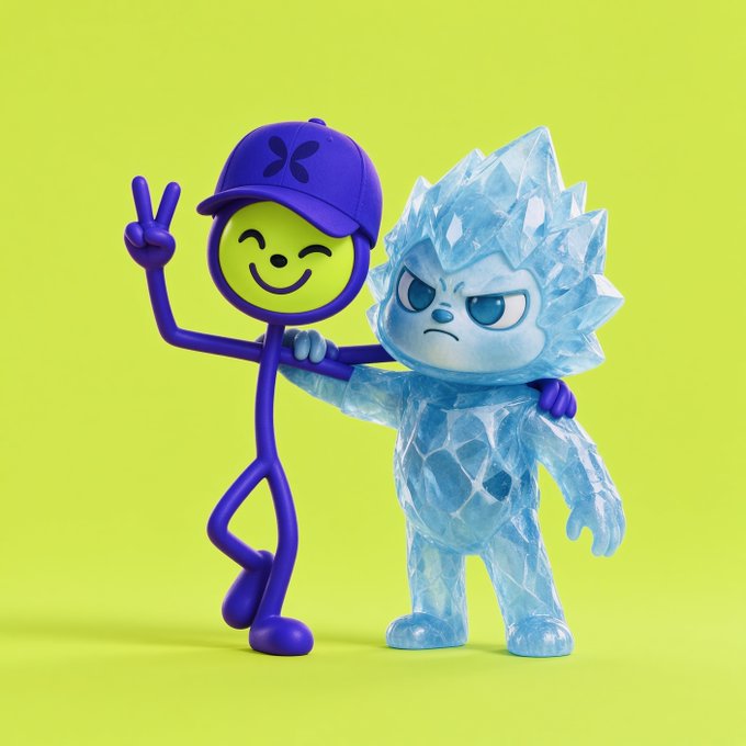 A cheerful purple stick figure wearing a baseball cap with an "H" logo throws up a peace sign while wrapping an arm around a grumpy-looking ice crystal creature, capturing an amusing "Bromance" moment between two unlikely friends.