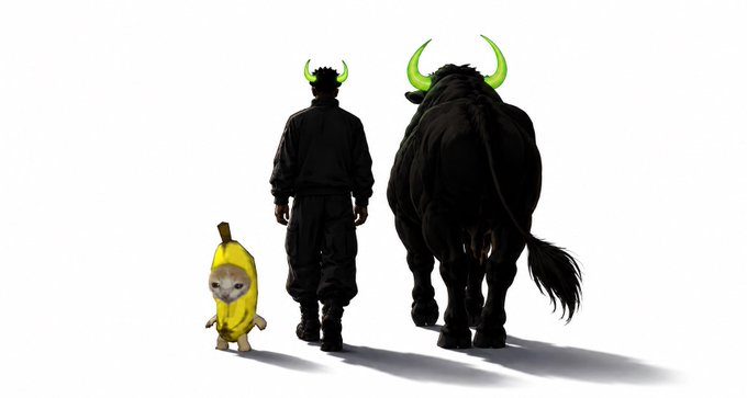 A digital illustration showing the backs of three figures walking: a small kitten wearing a banana costume, a person in black clothing with green horns, and a large black bull-like creature, also with green horns.