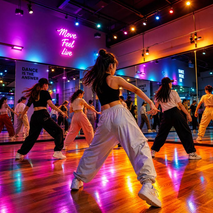 A dance studio lit with neon pink and purple lights, displaying 'Move Feel Live' and 'DANCE IS THE ANSWER' signs, where a group of people practice choreography on a glossy wooden floor.