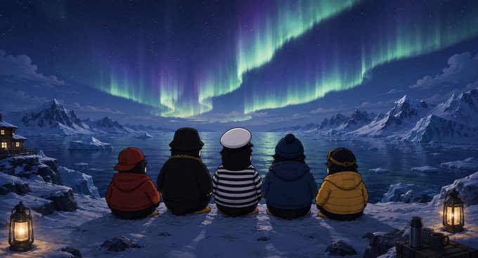 An illustrated scene shows five children sitting on a snowy shore, watching the green aurora borealis illuminate the night sky above icy mountains and ocean.