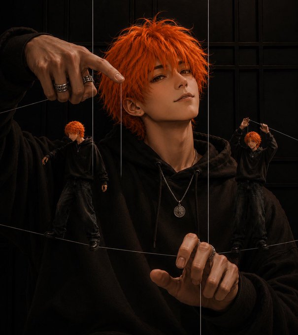 A 3D-rendered anime-style character with bright orange hair and a black hoodie, depicted as a larger central figure manipulating smaller puppet versions of himself with strings.