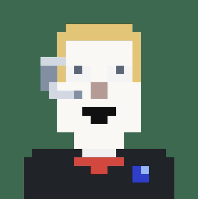 Pixel art illustration of a blonde-haired person wearing a headset, a dark suit, red tie, and blue pocket square against a green background.