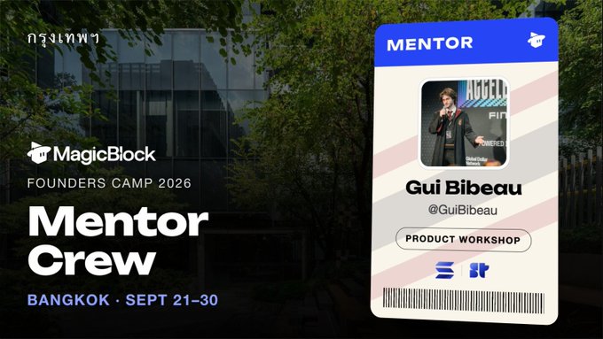Promotional graphic for MagicBlock Founders Camp 2026 'Mentor Crew' in Bangkok from September 21-30, featuring a mentor ID card for Guí Bibeau (@GuiBibeau) for a Product Workshop with Solana and Ethereum logos.
