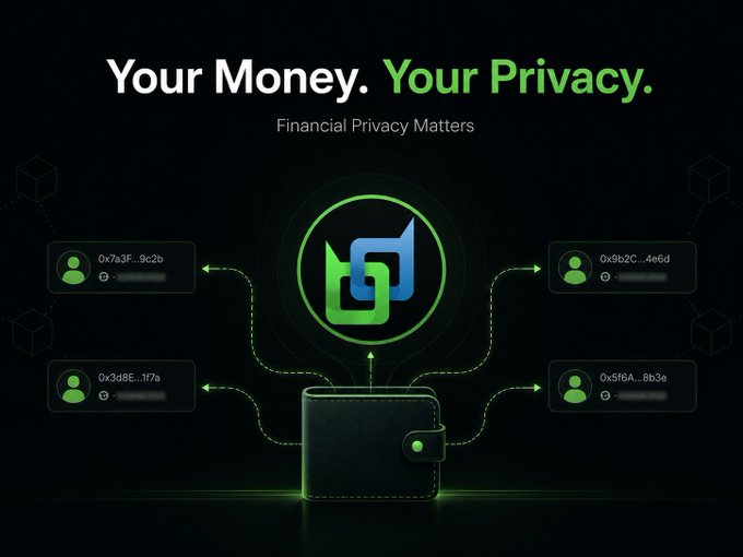 A promotional graphic reading 'Your Money. Your Privacy. Financial Privacy Matters,' showing a wallet connecting to anonymous wallet addresses with arrows.
