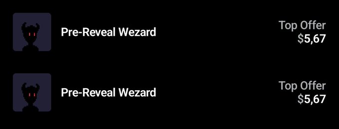 Two NFT listings for 'Pre-Reveal Wezard' items with a black horned silhouette avatar and red eyes, each with a top offer price of $5.67.