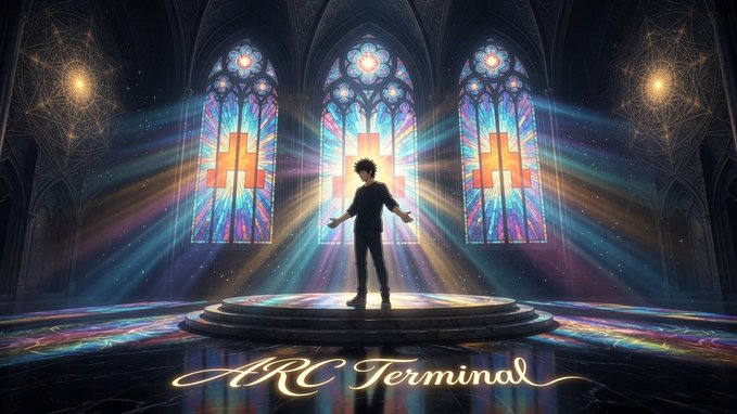 A dramatic digital artwork of a silhouetted figure standing in a gothic cathedral illuminated by colorful stained glass windows, captioned 'ARC Terminal'.
