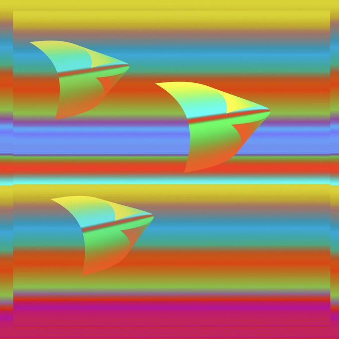 An abstract digital artwork featuring colorful, folded paper or origami-like shapes in green, yellow, and orange tones, set against a vibrant background of horizontal rainbow stripes.