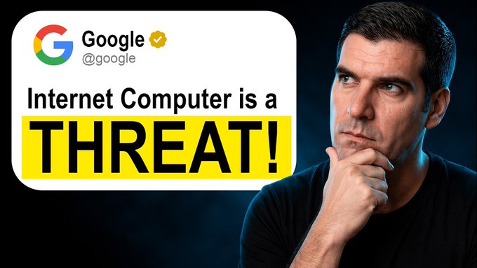 The image shows a Google tweet declaring "Internet Computer is a THREAT!" next to a contemplative man in a black shirt, illustrating the post's theme about the escalating $80B cloud battle between ICP and Big Tech.