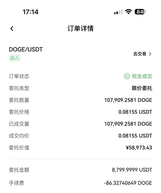 Mobile screenshot of a completed DOGE/USDT buy order showing 107,909.2581 DOGE purchased at 0.08155 USDT, totaling ¥58,973.43 with a fee of -86.32740649 DOGE.