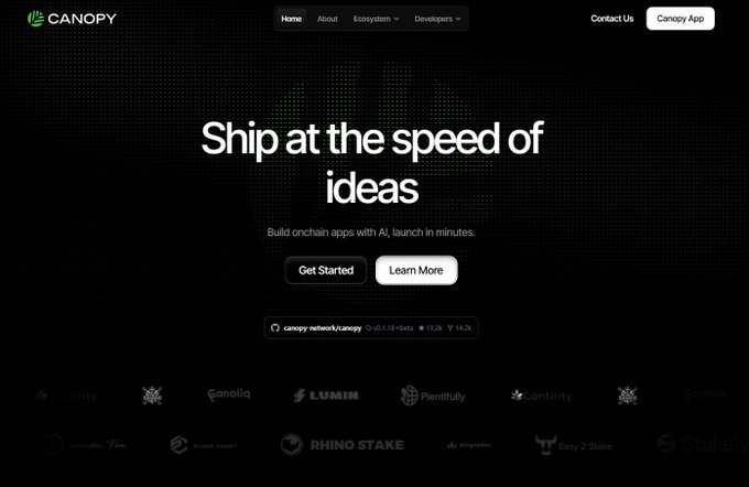 The image shows a website called Canopy, which appears to be a platform for sharing ideas or projects with others. The website has a black background with white text that reads "Ship at the speed of ideas" and "Focus on what is in the image". This message suggests that the platform encourages users to share their ideas quickly and efficiently. The website also features logos, such as a rhino stake logo and a light bulb logo, which are used by various companies or individuals within the Canopy network.