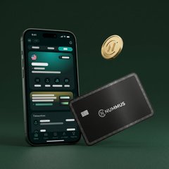 A smartphone displaying a crypto app sits next to a black card labeled 'KUYAMAS' and a floating gold coin against a dark green background.