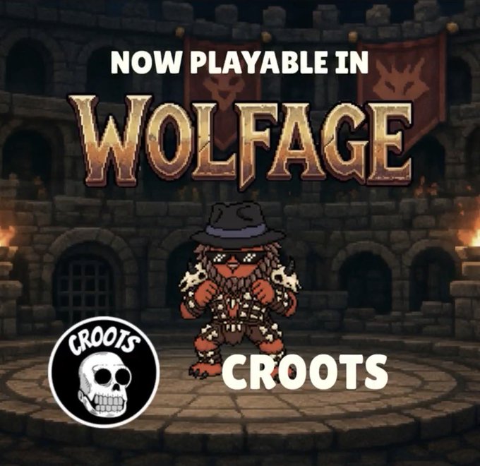 The image features a cartoon character wearing sunglasses and a hat standing in front of a castle with a banner that says "Wolfage" above him. The character appears to be a groomsman, and there are two other characters visible in the background as well. The text on the image reads "MASSIVR INTEGT8", which is likely a reference to the integration of the game into the NFT system.