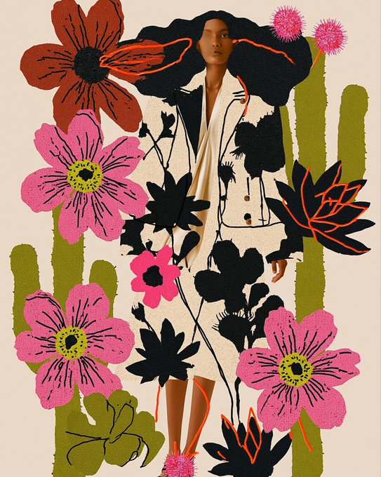 A digital illustration of a woman wearing a black and white floral coat, surrounded by large stylized pink, red, and black flowers with cactus silhouettes in the background.
