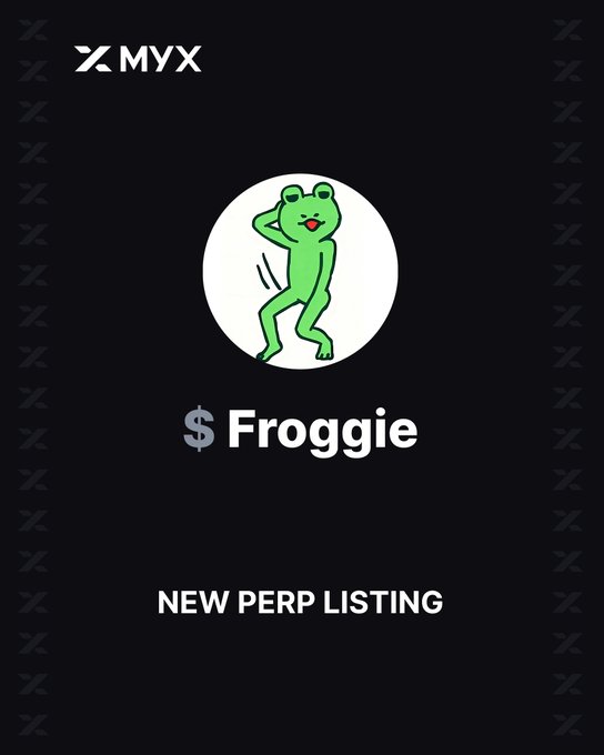 MYX announces a new perpetual listing for $Froggie, featuring its signature green Pepe-style frog mascot and bold "NEW PERP LISTING" text on a dark branded background.