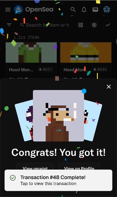 An OpenSea mobile interface showing a successful NFT purchase with confetti animation, featuring a pixel art hooded character and the text "Congrats! You got it!", "View receipt", "View on Profile", and "Transaction #48 Complete! Tap to view this transaction".