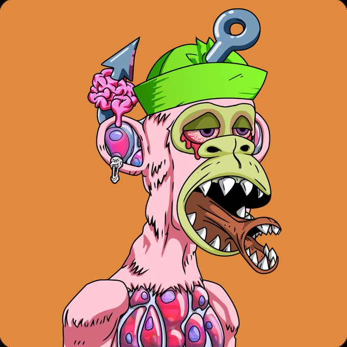 >>A cartoonish creature with a hook for a hand and a fish-like mouth is depicted under a green hat. The accompanying post says "Mutant Monday, and I'm definitely not following enough of the gang (never enough). Lets get this train rolling. @BoredApeYC #mayc"