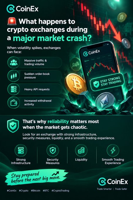 A CoinEx cryptocurrency advertisement asking 'What happens to crypto exchanges during a major market crash?', with hashtags '#CoinEx #Crypto #Bitcoin #BTC #CryptoTrading' and features highlighting Strong Infrastructure, Security Measures, Liquidity, and Smooth Trading Experience.