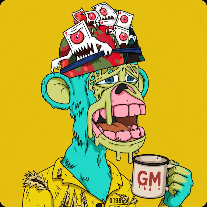 A vibrant illustration of a green zombie-like ape character with cards exploding from its head, holding a mug labeled 'GM'.