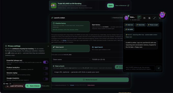A screenshot of a website interface showing options to launch a token on Robinhood Chain, with a privacy settings pop-up on the left and a chatbot panel for $CLAWD on the right.