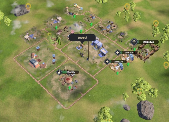 An overhead view of a strategy game map showing a settlement with various buildings, green units, and UI elements including a label 'Ertugrul' and timers like '26m 37s' and '25m 27s'.