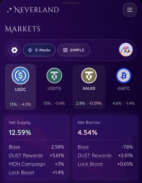 Mobile screenshot of the 'Neverland' crypto markets app displaying E-Mode and Simple tabs, showing rates for USDC (13%), USDT0 (15%), XAU0 (2.8%), and cbBTC (4.6%), with a Net Supply of 12.59% and Net Borrow of 4.54%.