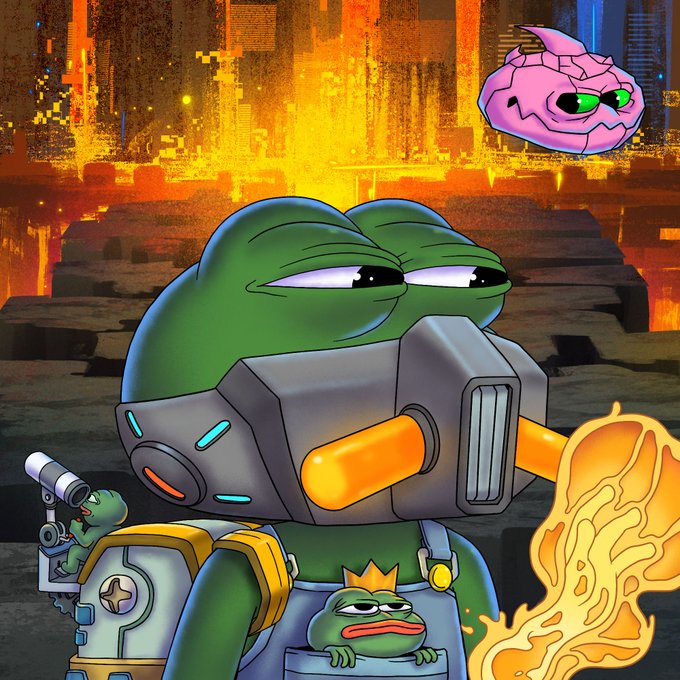 A vibrant cartoon illustration featuring Pepe the Frog characters in a fiery post-apocalyptic cityscape, including a frog with a flamethrower mask and a smaller frog operating a telescope.