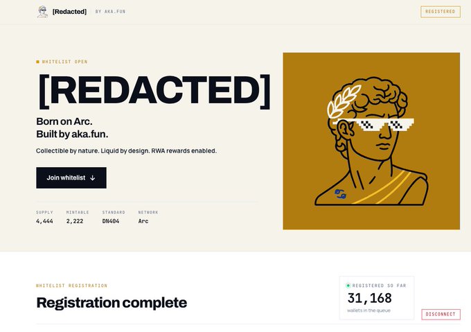 This screenshot shows a whitelist registration page for a project by aka.fun, displaying 4,444 supply and 2,222 mintable, with registration complete and 31,168 wallets in the queue for a limited 2,222 spots, aligning with the post's urgency to secure a whitelist slot.