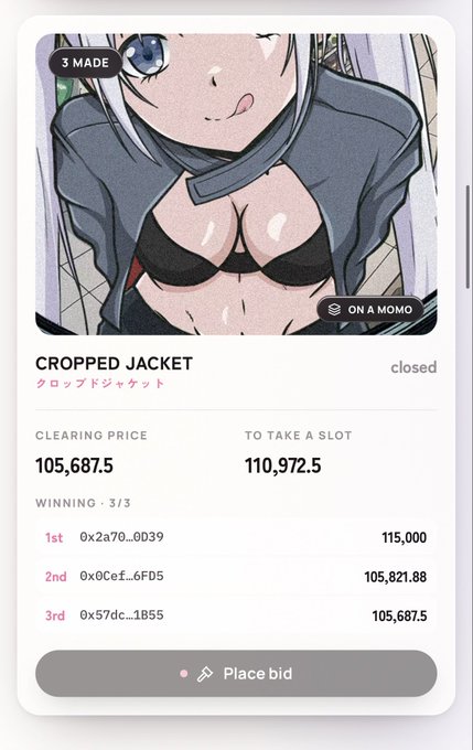 A mobile app screenshot displaying a closed auction for a 'CROPPED JACKET' with a clearing price of 105,687.5 and top bids listed, featuring anime-style artwork.