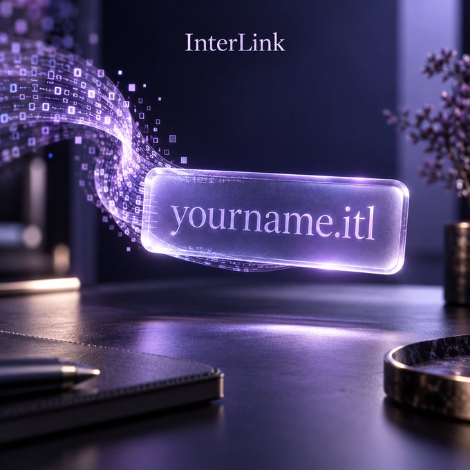 A promotional image for InterLink displays 'yourname.itl' on a glowing purple holographic-style tag in a dimly lit room.