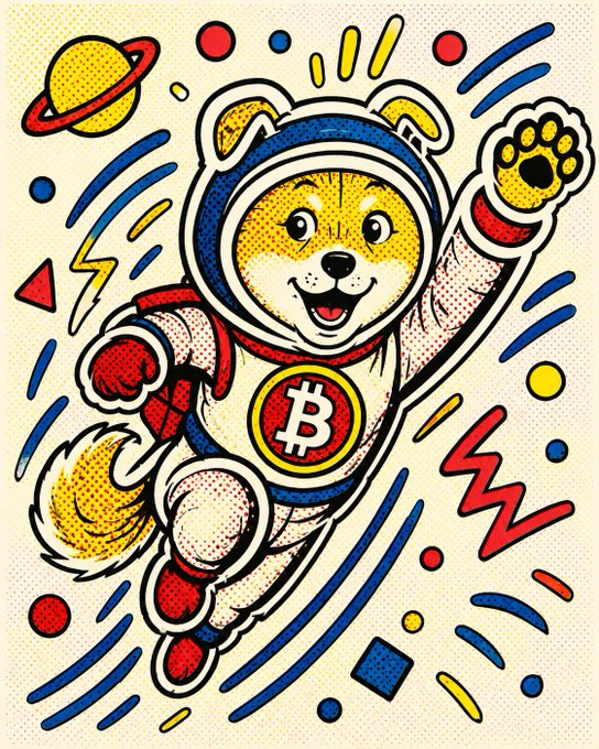 A pop-art style illustration of an anthropomorphic Shiba Inu dog wearing a space suit with a Bitcoin logo, surrounded by space-themed elements like planets, stars, and lightning bolts in primary colors.