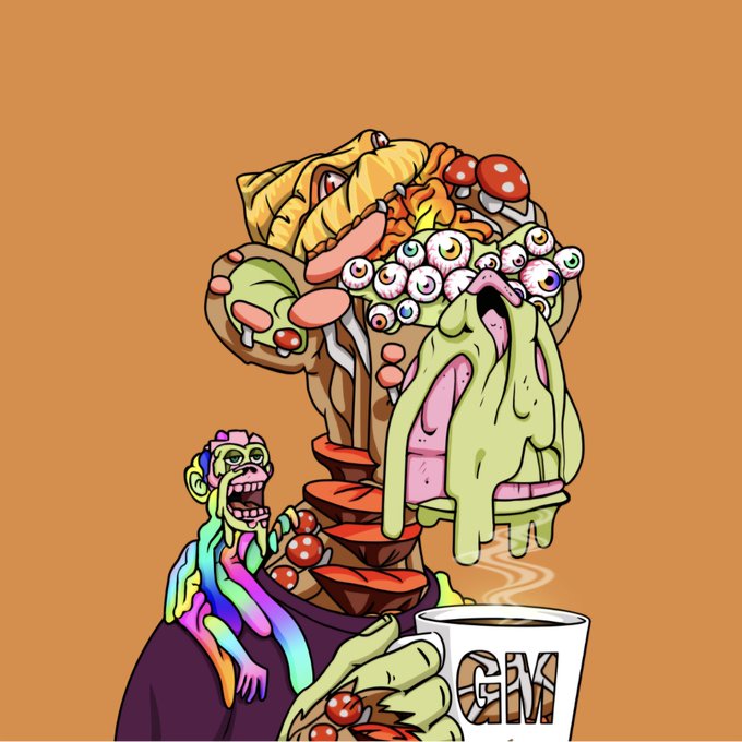 The image features a cartoon monkey with a face, dressed in a purple shirt and holding a cup of coffee. The background is orange, which contrasts with the colorful attire of the monkey. The caption reads "Gm gm @BoredApeYC".