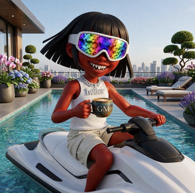 A 3D-rendered illustration depicting a stylized character with a wide grin and colorful visor goggles, wearing a white tank top, riding a white jet ski in a luxurious pool while holding a mug labeled "GM."