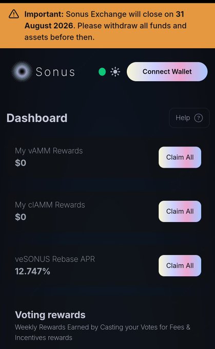 The Sonus Exchange dashboard displays a critical shutdown warning banner at the top announcing the platform will close on 31 August 2026, with users instructed to withdraw all funds and assets. The dashboard shows zero vAMM and cAMM rewards to claim, while veSONUS tokens continue earning a 12.747% rebase APR. This image visually reinforces the post's message about Sonus Exchange shutting down due to declining activity, directing users to act before the August 2026 deadline.