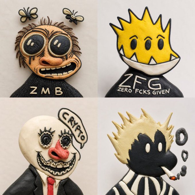 Four clay figures with text: a wide-eyed bug-eyed face labeled 'ZMB', a yellow spiky-haired figure labeled 'ZFG ZERO FCKS GIVEN', a pale clown-faced figure with a 'CRYPTO' speech bubble, and a black figure smoking a cigarette.