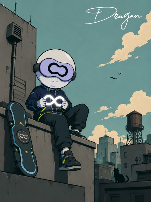 An illustrated cartoon character wearing a helmet and goggles sits on a rooftop ledge holding a glowing controller, with a hoverboard beside them and the signature 'Dragan' at the top.