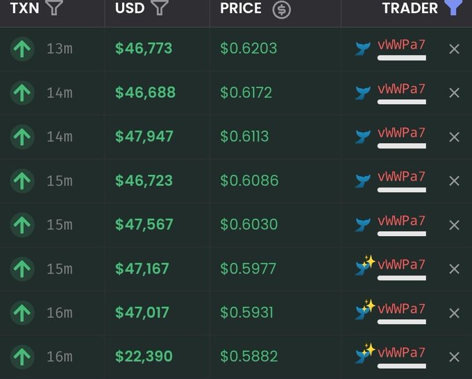 A cryptocurrency trading interface showing multiple buy orders for the TXN ticker at prices ranging from $0.5882 to $0.6203, with all trades placed by the same trader 'vWwPa7'.